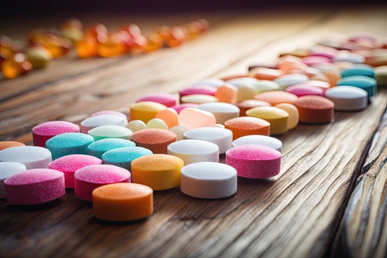 Tablet Candies on Wooden Table Background, Compressed Sugar Powder Confectionery Pattern