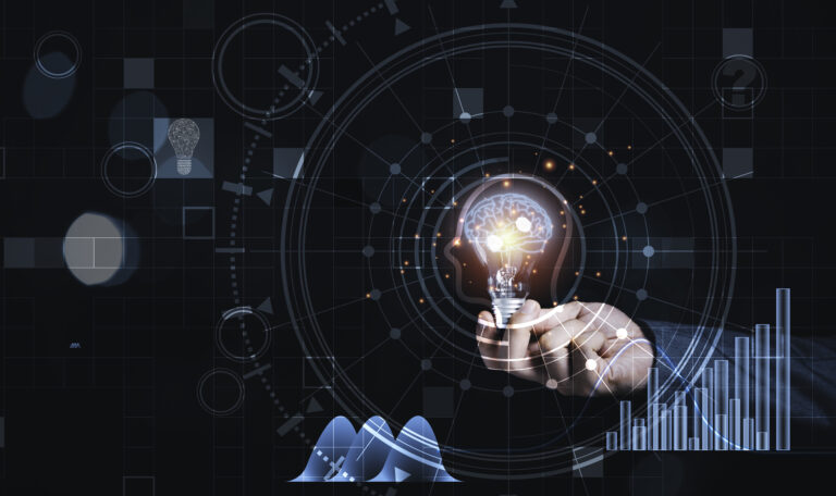 Businessman holding lightbulb with virtual brain and infographic